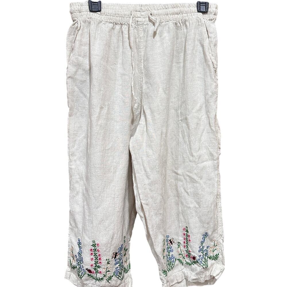 Fashion Bug Womens Cropped Pants 14 Beige Floral Embroidered Cotton Flex Blend